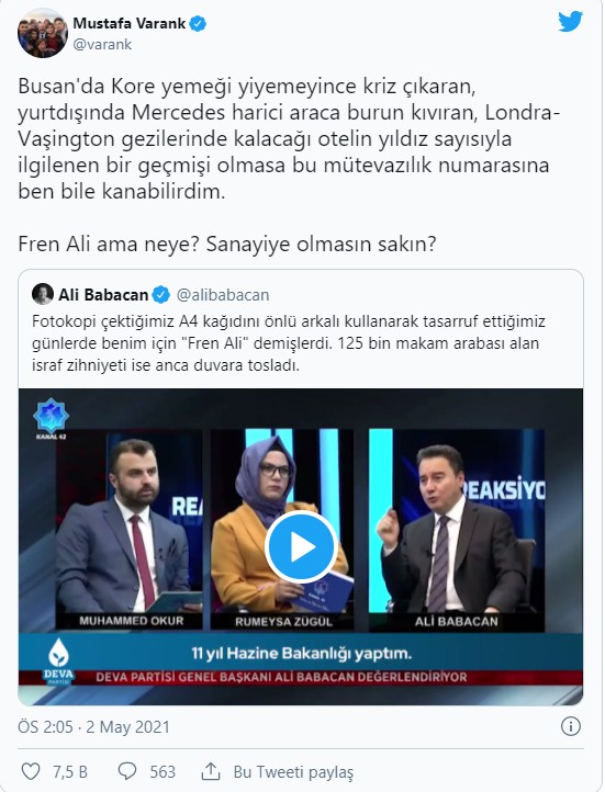 Bakan Varank'tan Ali Babacan'a yanıt: Fren Ali ama neye? Sanayiye olmasın sakın?